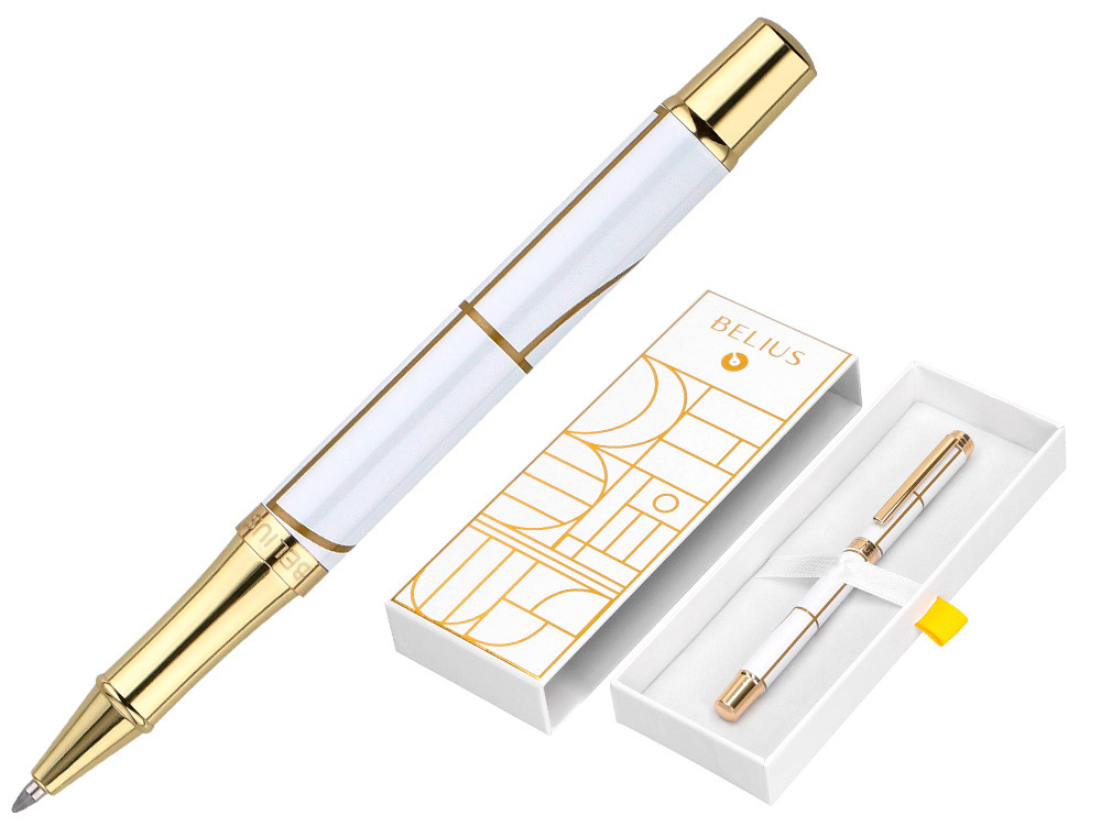 Roller belius carte blanche aluminium details et attributs or encre noire coloris blanc dans coffret cadeau