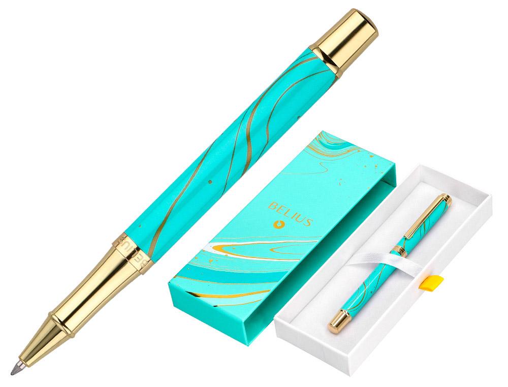 Roller belius aqua aluminium details et attributs or encre noire coloris turquoise dans  coffret cadeau