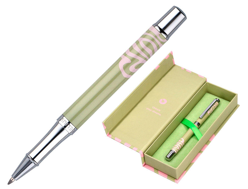 Roller belius ink dreams aluminium attributs argent encre noire coloris vert matcha ondulations rose dans coffret cadeau
