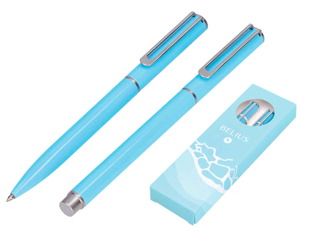 Parure stylo-bille et roller belius endless summer aluminium atributs argent encre bleue coloris bleu coffret cadeau