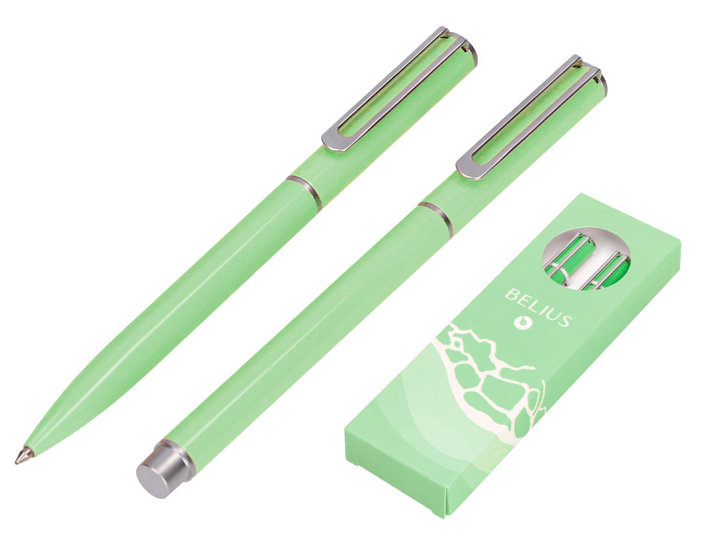 Parure stylo-bille et roller belius endless summer aluminium atributs argent encre bleue coloris vert coffret cadeau