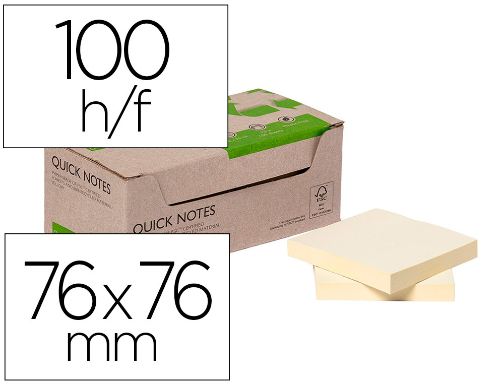 Bloc notes q-connect quick notes 76x76mm 100f adhesives repositionables coloris jaune pack 12 unites
