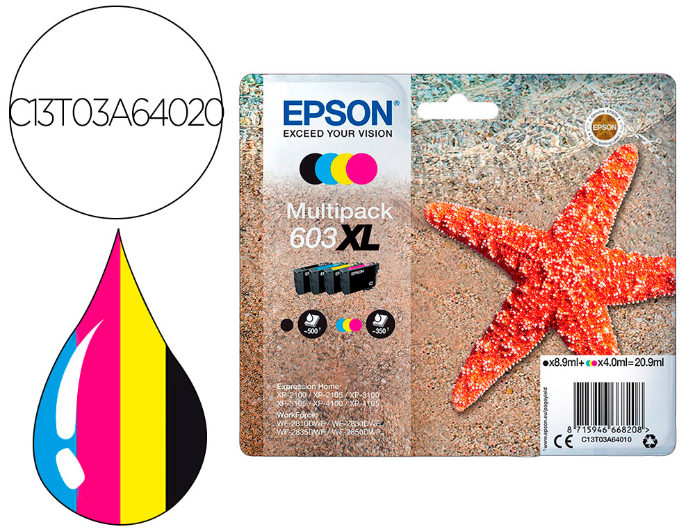 Cartouche d'encre original epson 603xl 350 p noir/cyan/magenta/jaune pack 4 couleur