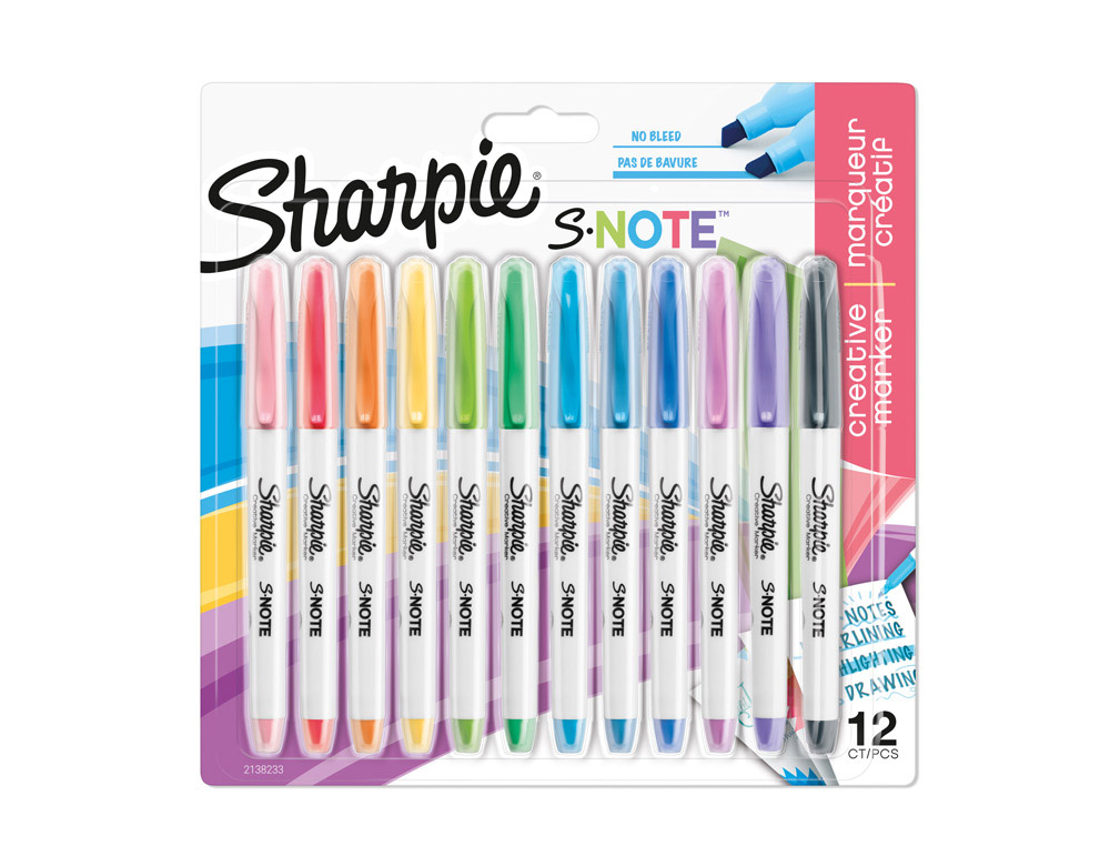 Marqueurs permanents sharpie s note pointe biseautee       coloris assortis blister de   12 unites
