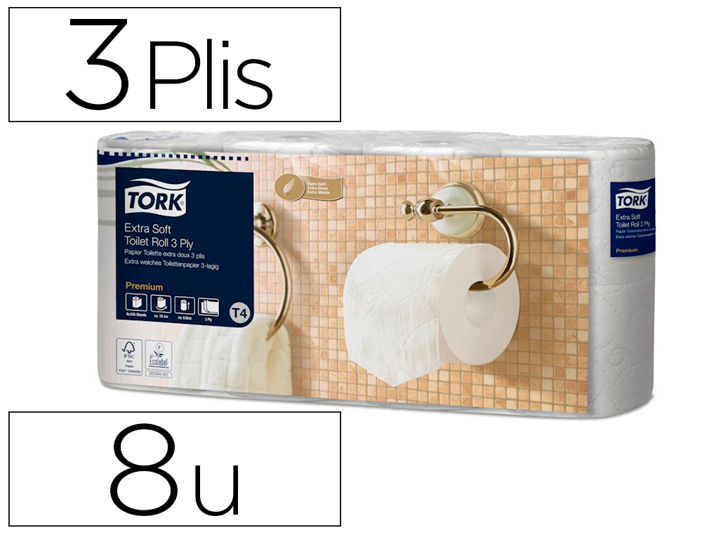 Papier toilette tork premium rouleau traditionnel extra    doux  155f 3plis ecolabel     paquet de 8 rouleaux