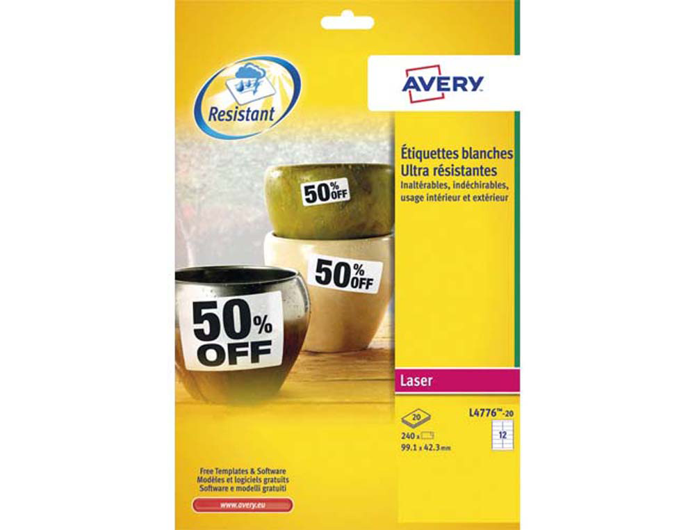 Etiquette avery ultra resistantes polyester laser   blanc 99,1 x 42,3mm boite de  240