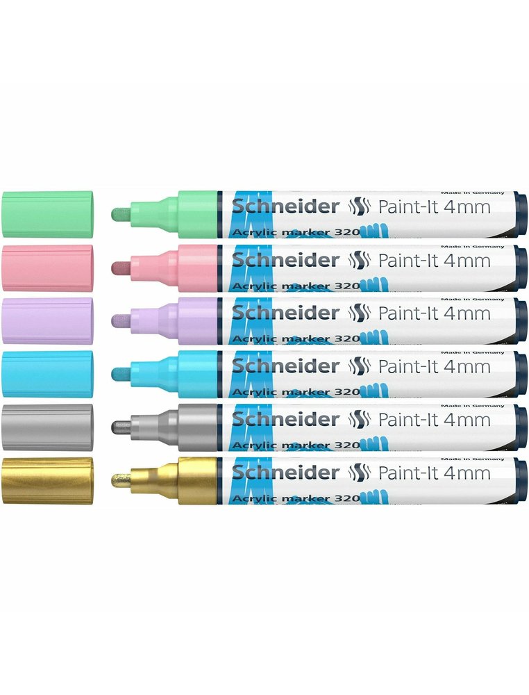 Marqueur acrylique schneider paint it 320 4mm pochette de  6 couleurs assorties (or,     bleu pastel, rose pastel,