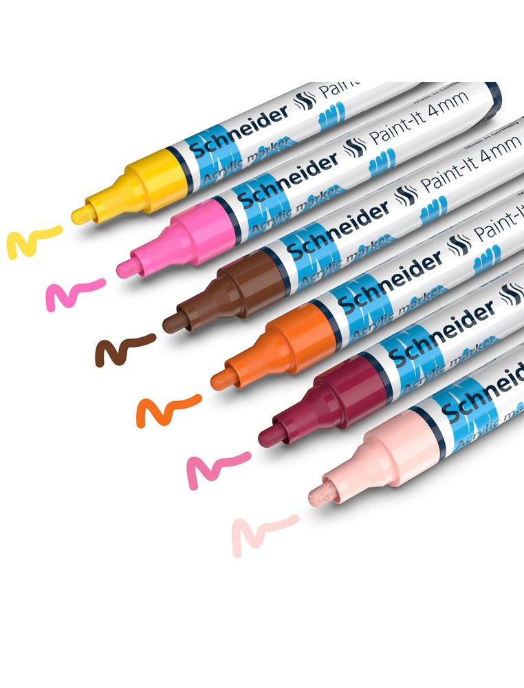 Marqueur acrylique schneider paint it 320 4mm pochette de  6 couleurs assorties (jaune,  brun, bourgogne, rose,
