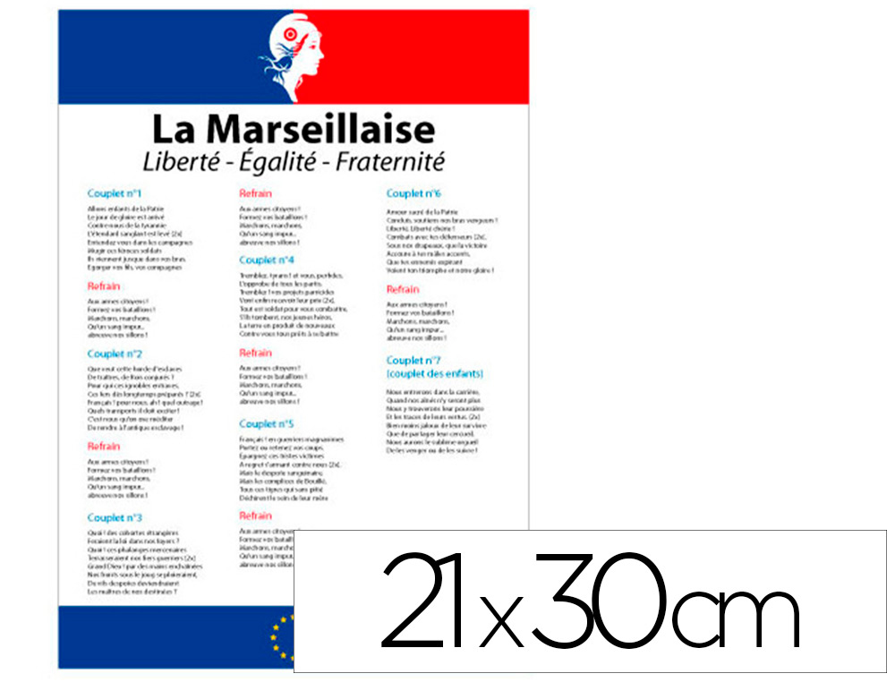 Affichage  cole primaire loi blanquer - la marseillaise -  avec la marianne - papier     poster 210 x 300 mm