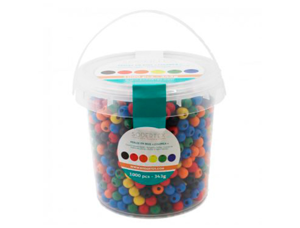Pack perles sodertex en bois colorea - 10 mm - 1000 pcs -  530g - 6 coloris