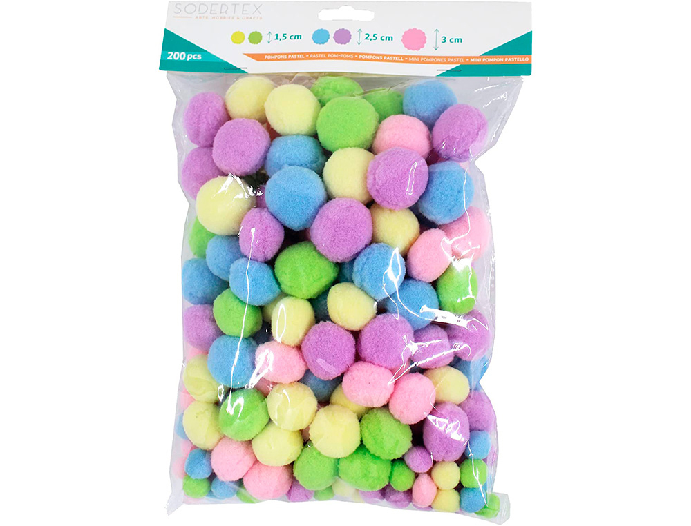 Pack pompons sodertex pastel polyester - 3 tailles - 200   pcs - 5 coloris