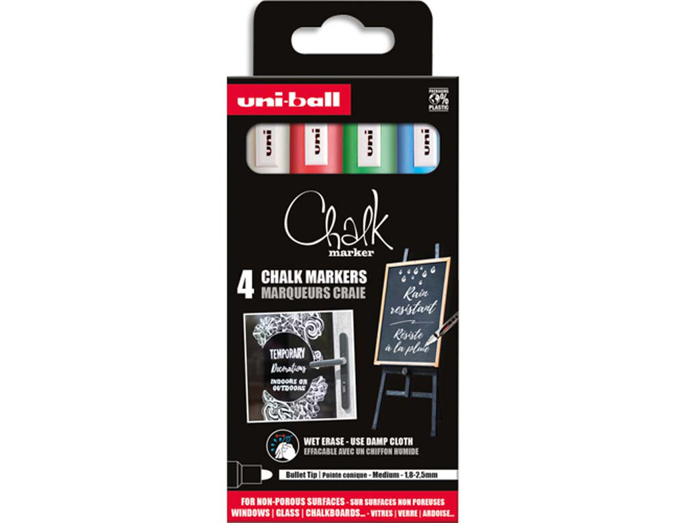 Marqueurs uniball chalk craie pointe conique moyenne blanc  - vert fluo - rouge - bleu    clair pochette de 4 unites