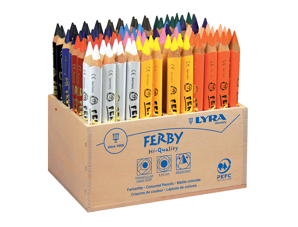 Crayon couleur lyra ferby triangulaire 120mm extrémité fermée usage économe mine 6.25mm diamètre coffret scolaire 96u