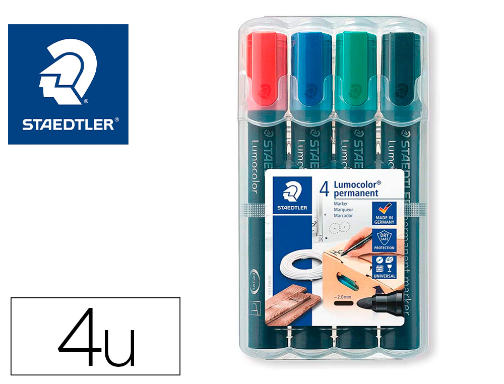 Marqueur staedtler permanent dry safe 352 lumocolor pointe ogive 2mm assortie etui de 4