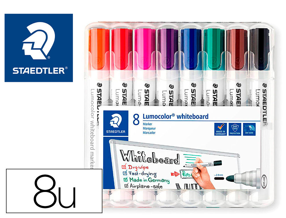 Marqueur staedtler permanent dry safe lumocolor            whiteboard 351 pointe ogive   2mm assortis etui de 8