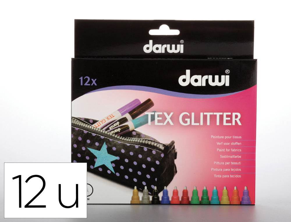 Marqueur darwi tex glitter pour tissus pointe 2mm        coloris assortis set 12       unites