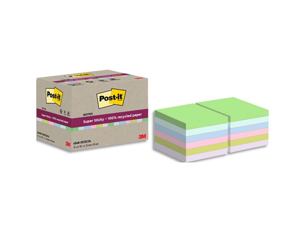 Bloc-notes post-it super sticky 12 blocs 76x76mm       coloris assorties