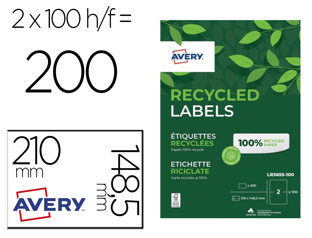 Etiquettes avery recyclees multiusages 210x148,5 mm      coloris blanches 200 unites