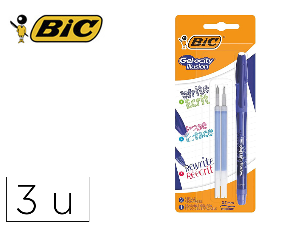 Roller bic gel-ocity illusion pointe moyenne 0,7mm grip caoutchouc encre effacable et rechargeable bleue set 3 unites