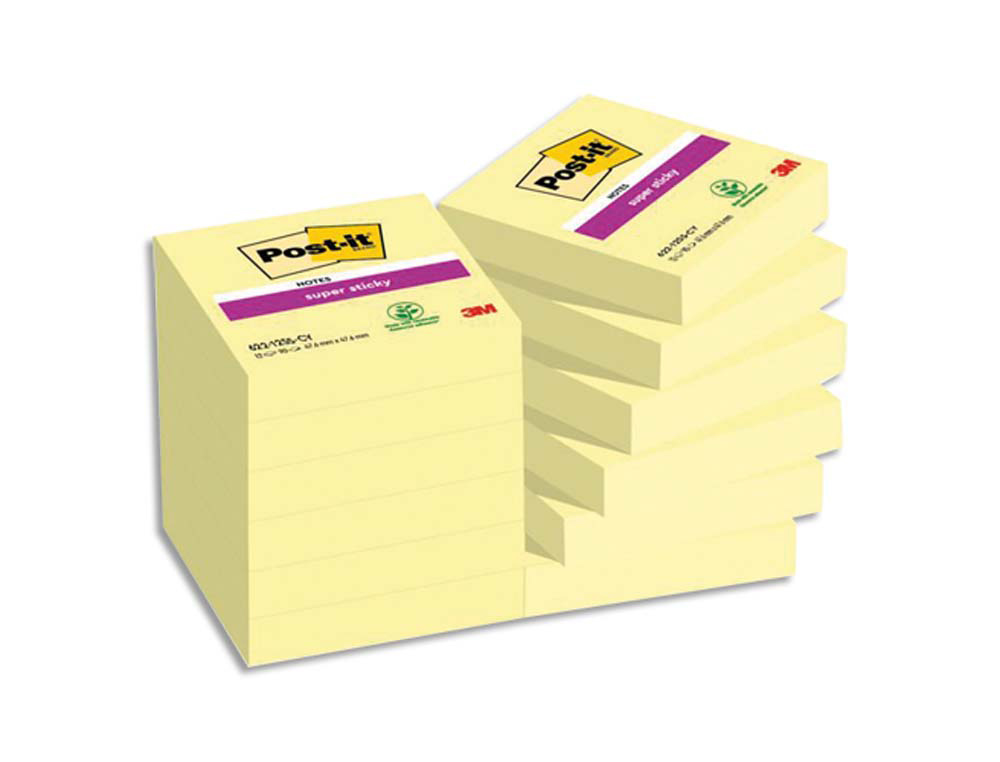Bloc-notes post-it super sticky 47.6x47.6mm 90f repositionnables coloris jaune 622-12sscy -eu paquet 12 unites