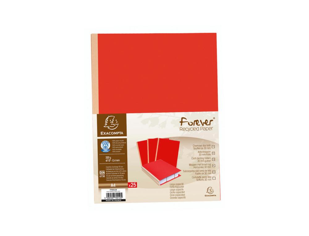 Chemise exacompta carte 240x320mm 320g documents a4 210x297mm soufflet dos toile 30mm coloris rouge paquet 25 unites