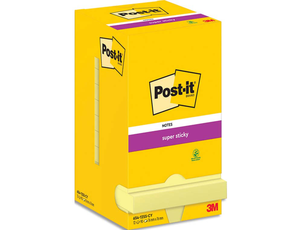 Blocs-notes post-it super sticky 76x76mm 90f            repositionnable coloris jaune boite de 12