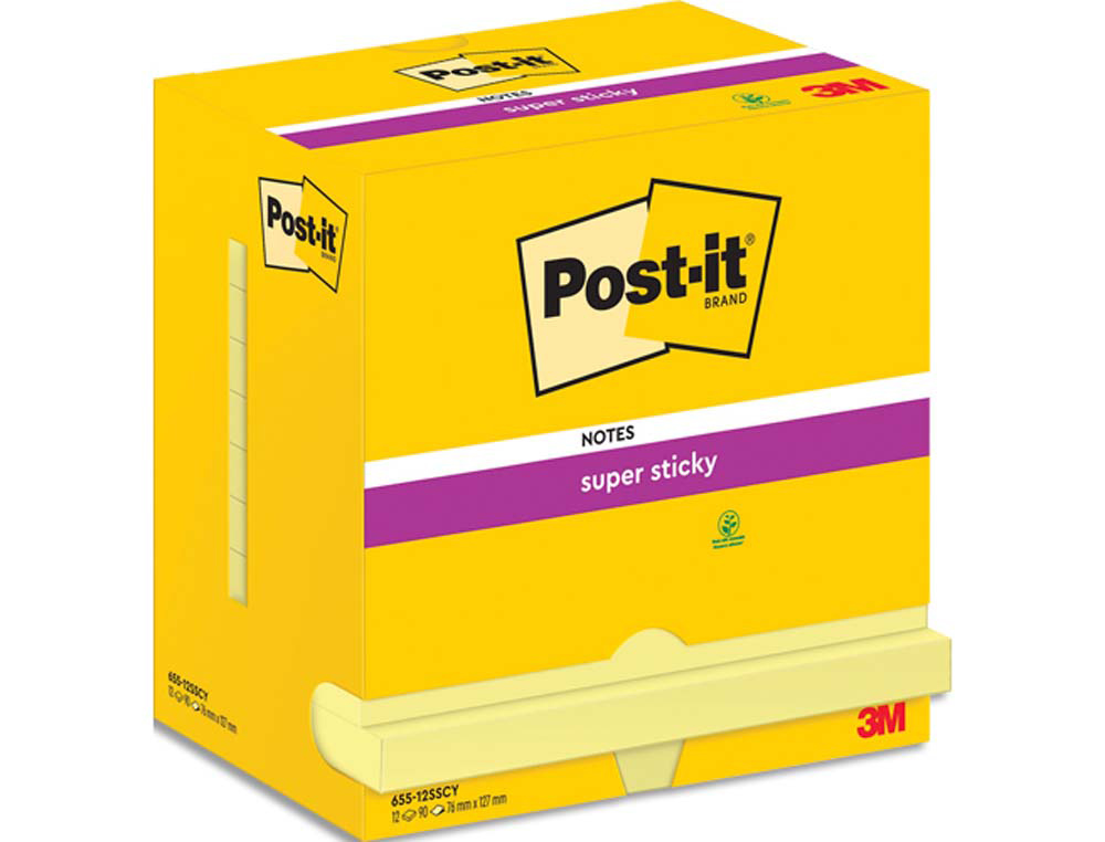 Blocs-notes post-it super sticky 127x76mm 90f           repositionnable coloris jaune boite de 12