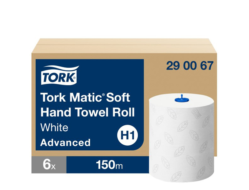 Essuie-mains tork matic h1 doux motifs blanc a feuilles  grises rouleau 150m