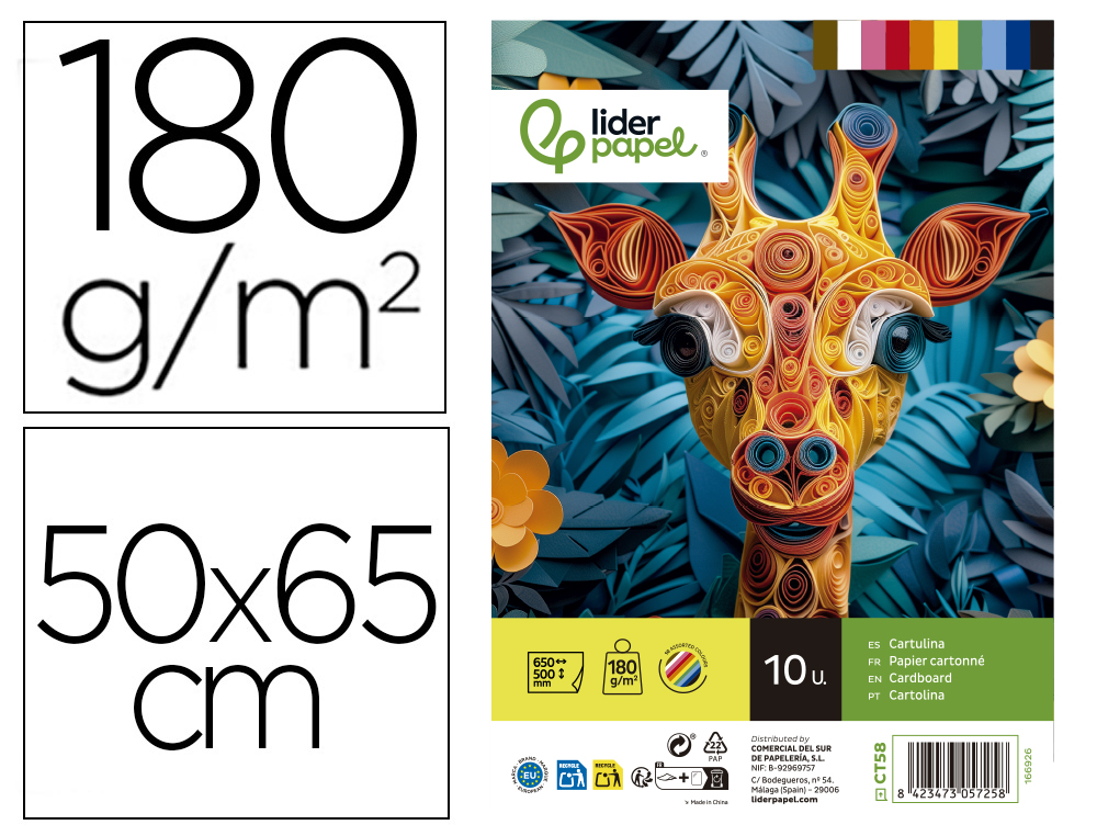 Papier cartonne liderpapel 50x65cm 180gr coloris         assortis paquet 10 feuilles