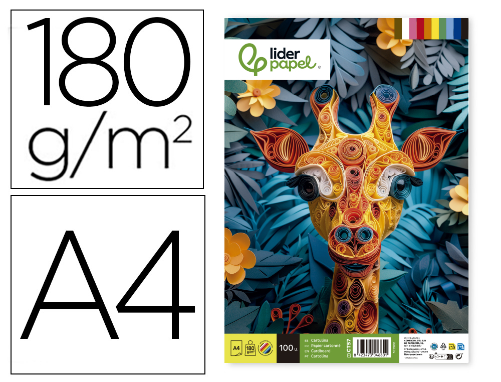 Papier cartonne liderpapel a4 180gr coloris assortis paquet 100 feuilles