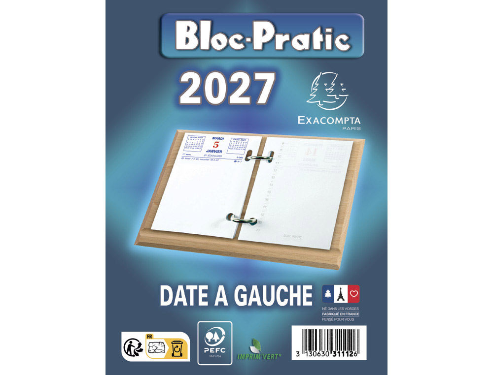 Bloc ephemeride exacompta poursocle annuel 1 jour/page date a gauche 8,2x12 cm