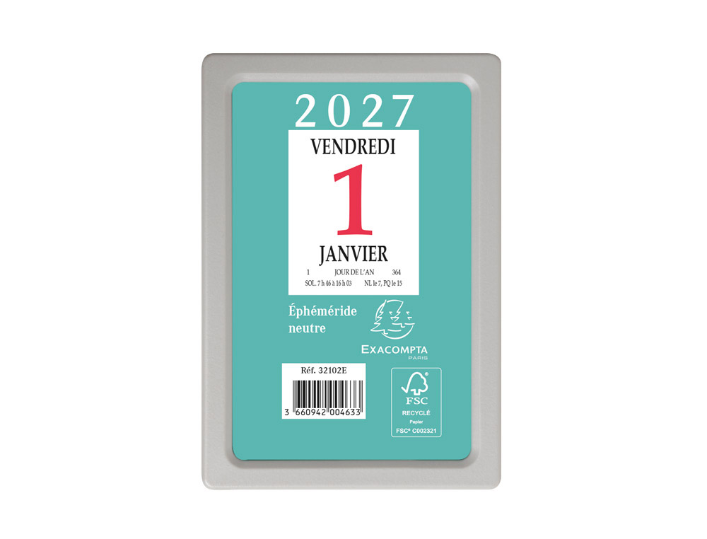 Bloc éphéméride exacompta mural annuel janvier/décembre 1 jour/page neutre boîtier plastique 65x97mm