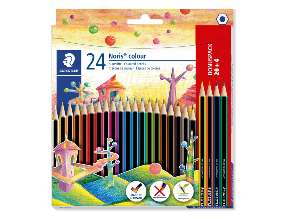 Crayon couleur staedtler noris colour 185 bois upcycle coloris assortis etui carton  20 + 4 offerts