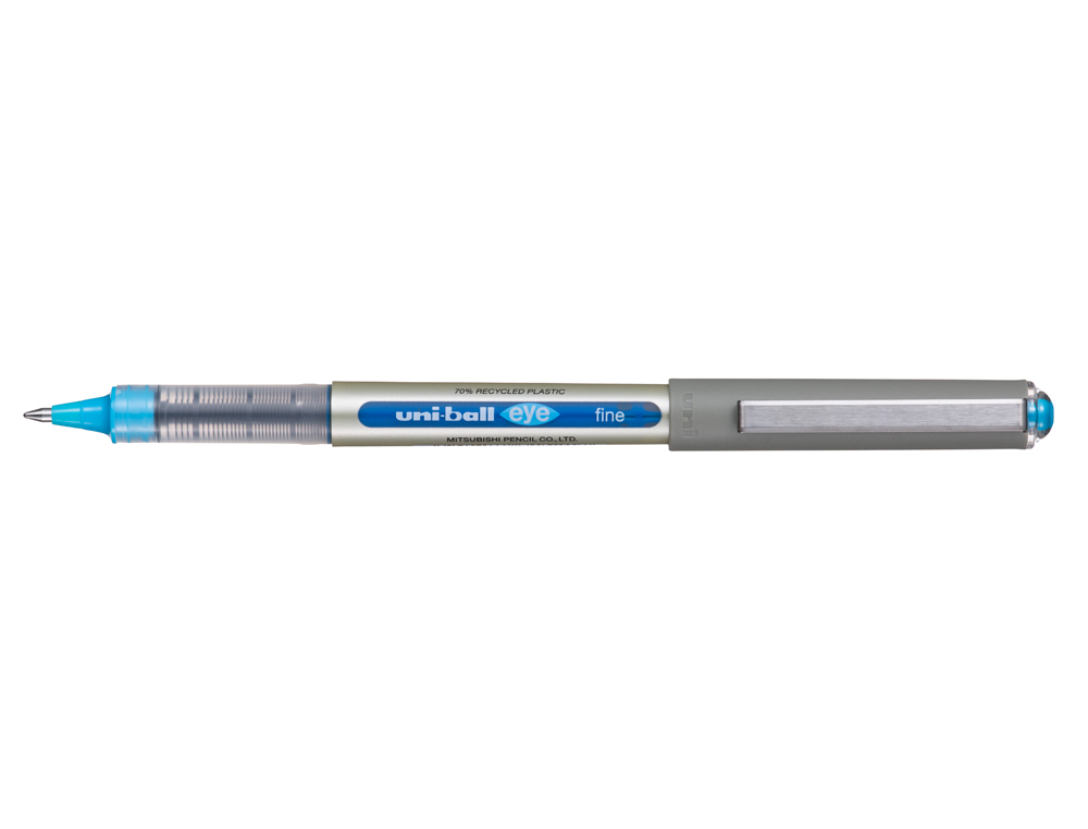 Roller uniball eye plastique recycle encre liquide         ecriture moyenne pointe metal coloris turquoise