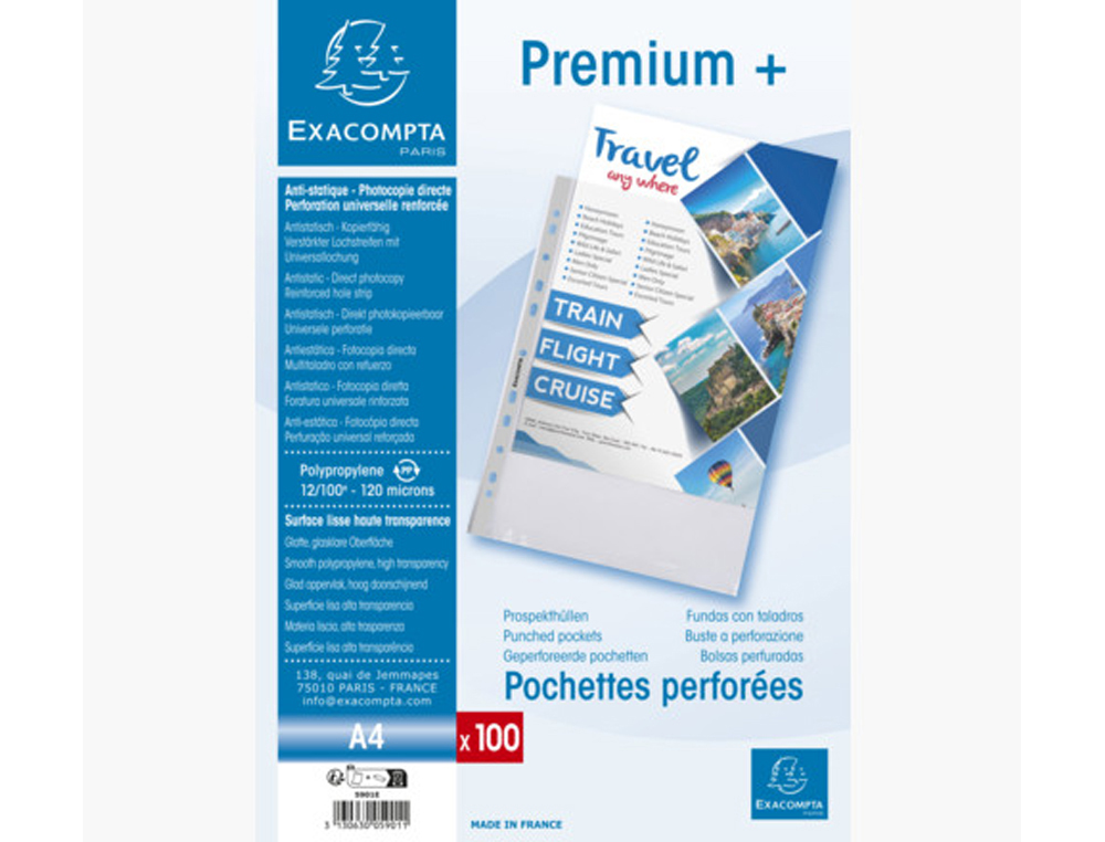 Pochette perforee exacompta a4 pp lisse 12/100eme 120     microns paquet 100 unites