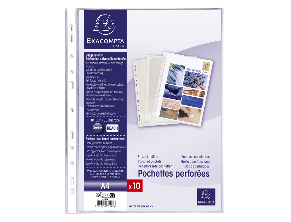 Pochette perforee exacompta a4 pvc lisse 8/100eme 80      microns paquet 10 unites