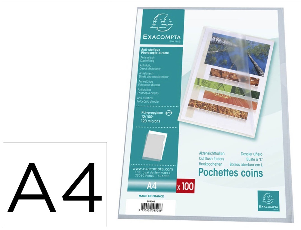 Pochette coin exacompta a4 pp graine 12/100eme 120 microns  incolore paquet 100 unites