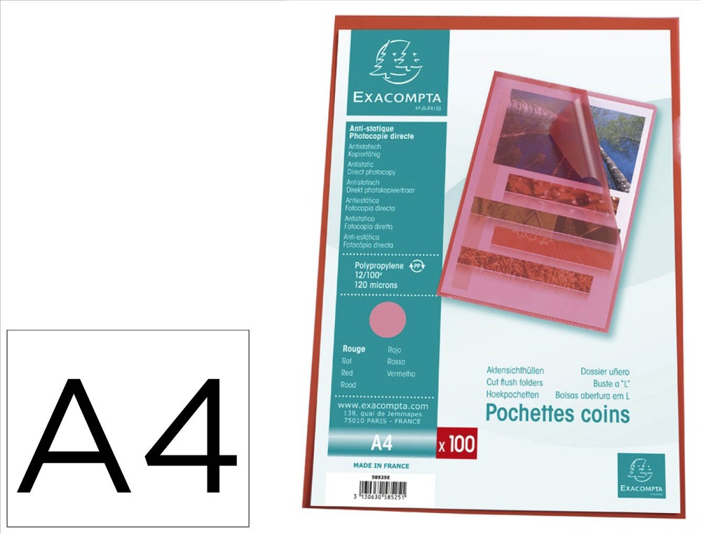 Pochette coin exacompta a4 pp graine 12/100eme 120 microns  coloris rouge paquet 100      unites
