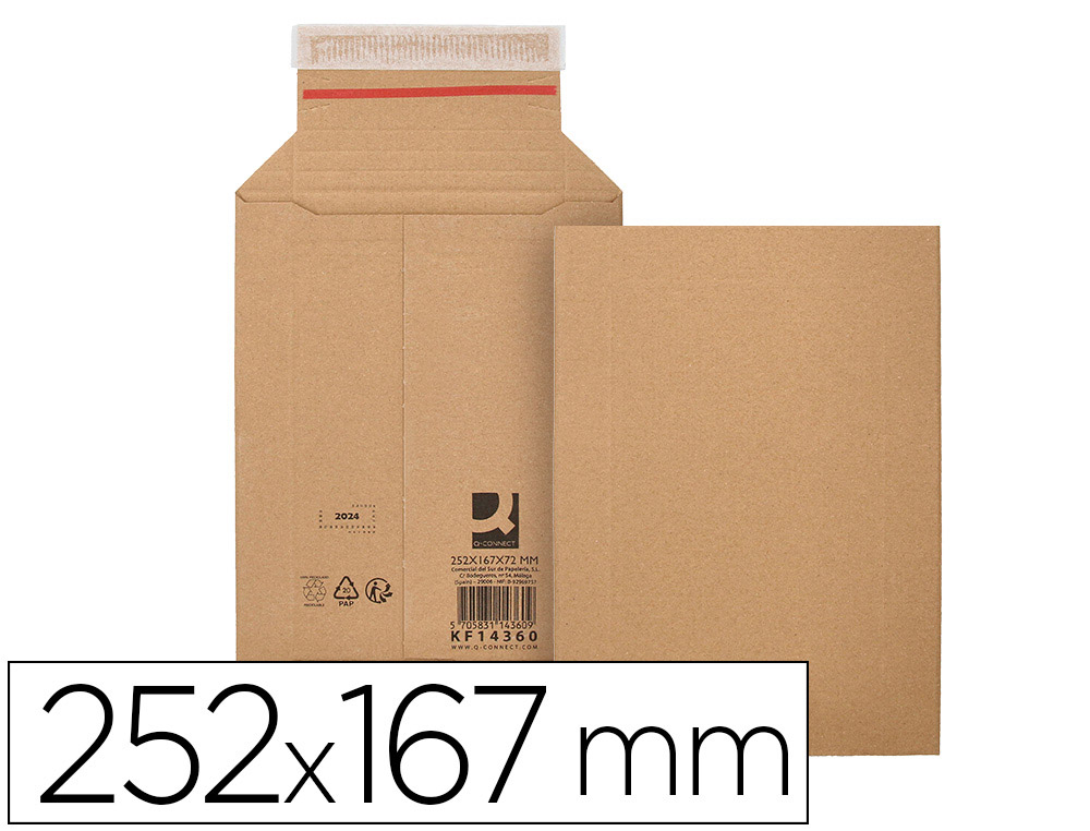 Pochette d'expedition q-connect carton 100% recycle et recyclable fermeture auto-adhesive 252x167x72mm coloris kraft