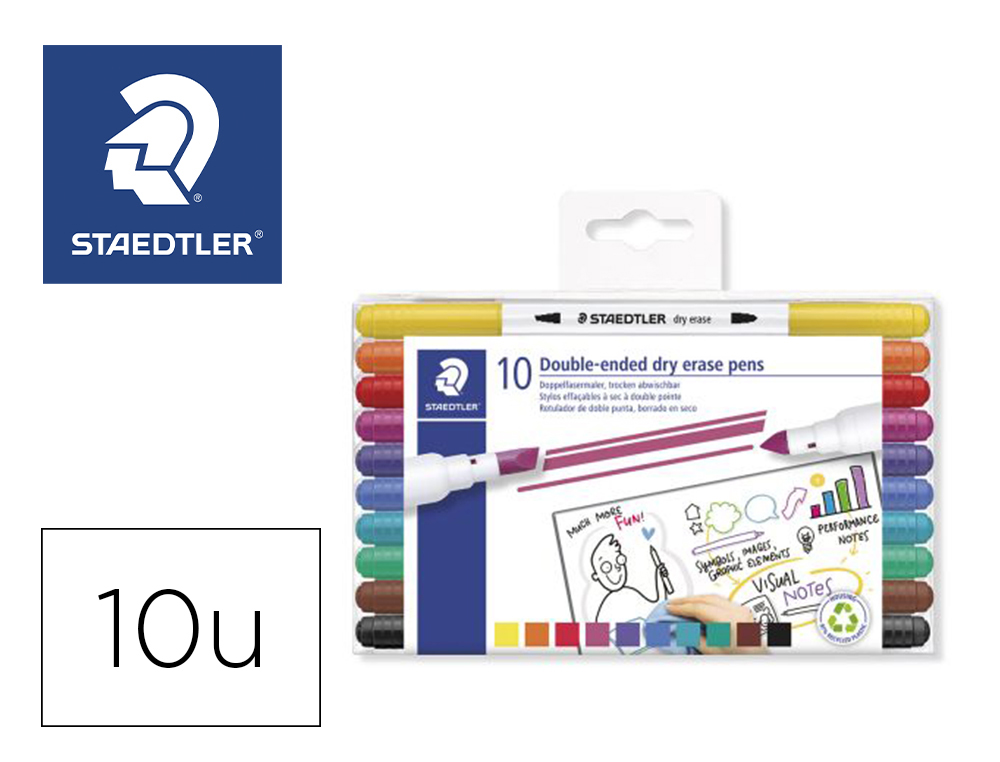 Feutre coloriage staedtler 3010 effacable a sec double   pointe ogive/biseaute coloris assortis set 10 unites