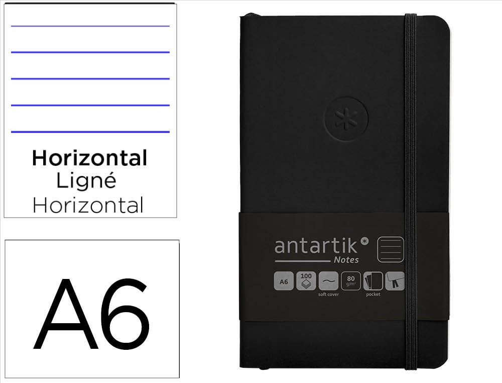 Carnet fermeture elastique antartik notes couverture     souple a6 ligne 100 feuilles  80gr fsc coloris noir