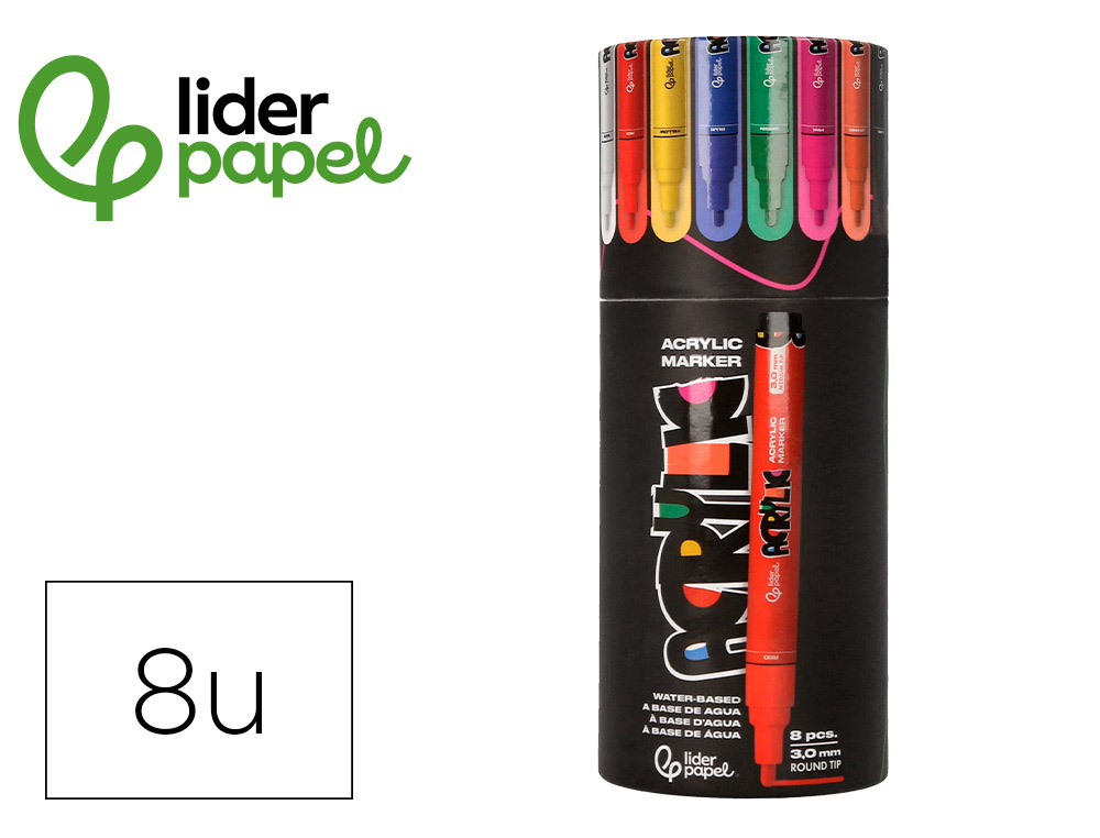 Marqueur liderpapel acrylique base eau tous support pointe  ronde 3mm coloris assortis    boite 8 unites