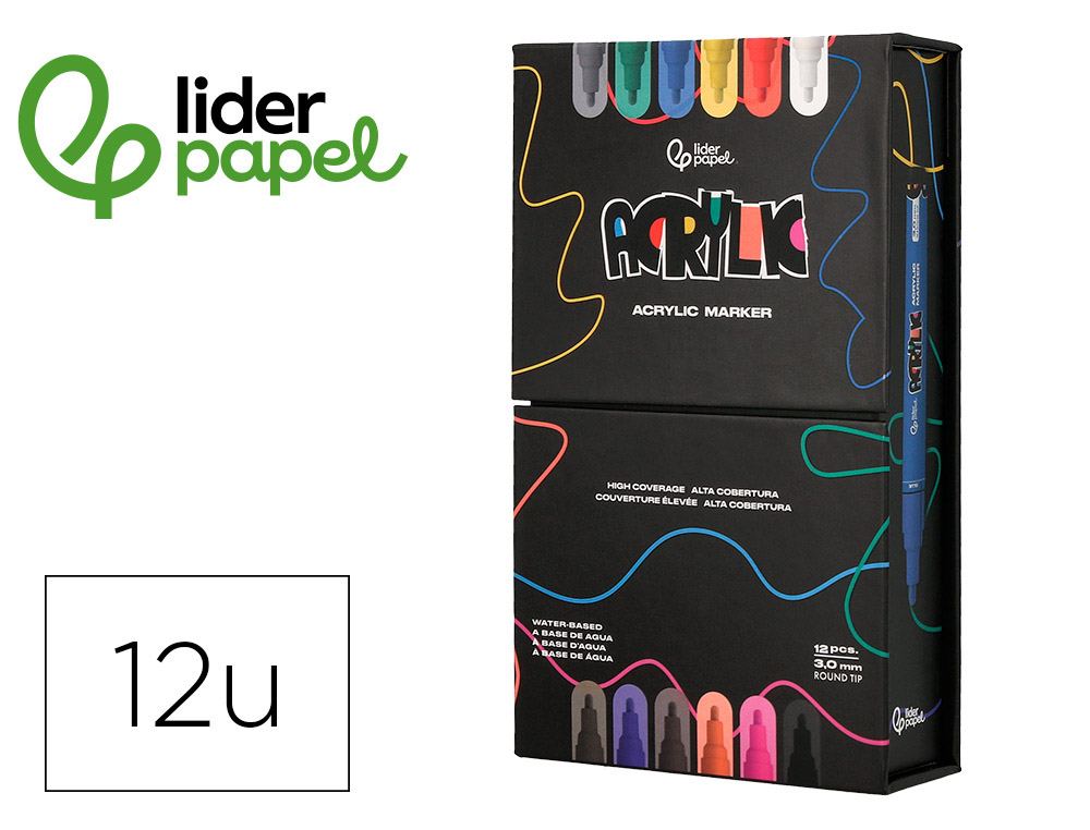 Marqueur liderpapel acrylique base eau tous support pointe  ronde 3mm coloris assortis    boite 12 unites