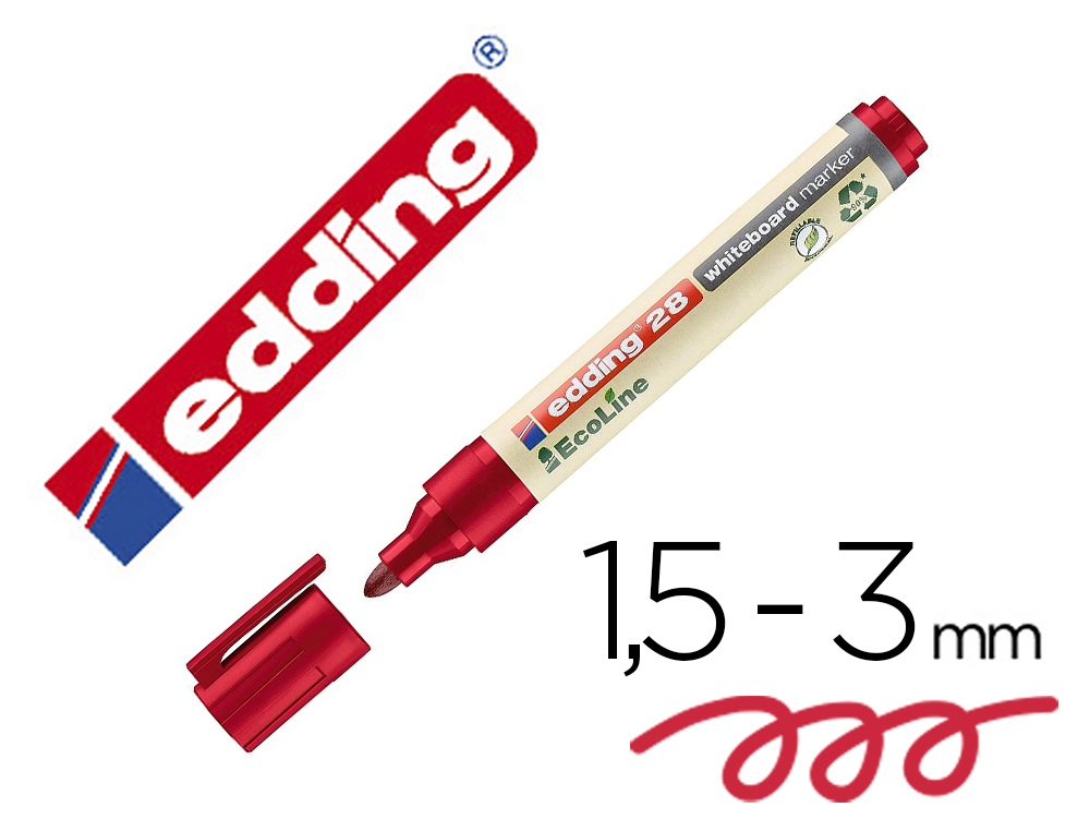 Marqueur edding 28 ecoline tableau blanc rechargeable    pointe ogive 1,5/3mm          effacable a sec coloris rouge