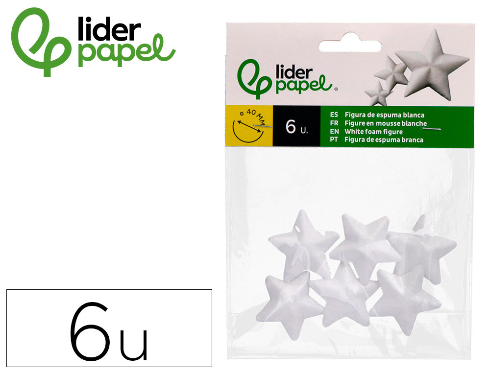 Forme liderpapel mousse polystyrene etoiles 4cm       coloris blanc sachet 6 unites