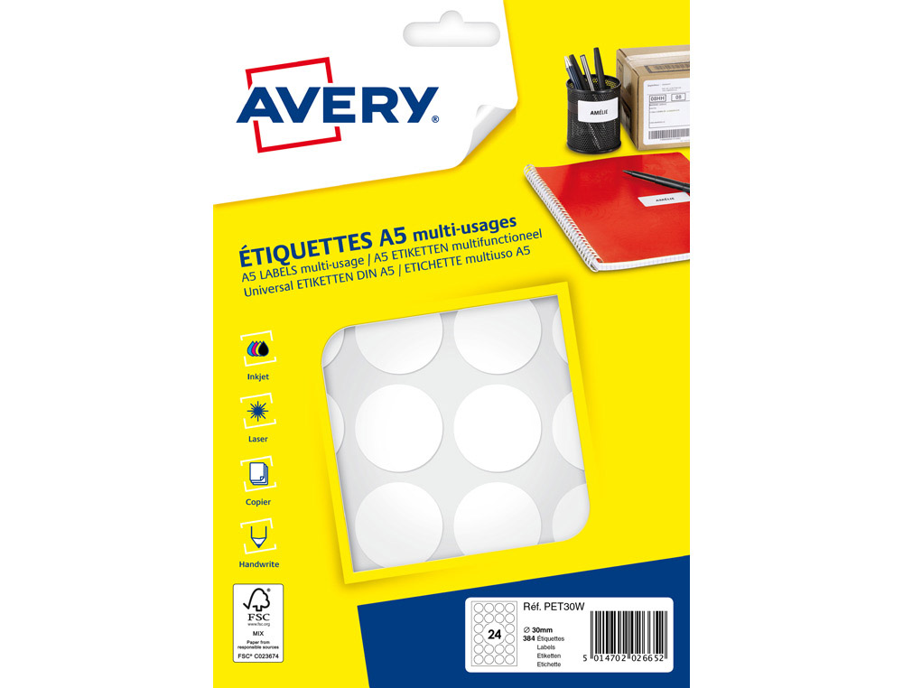 Etiquette avery multi-usages diam. 30 mm impression laser  / jet d'encre / copieur       coloris blanc 384 unites