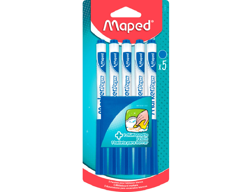 Feutre ardoise maped marker'peps effacable a sec   pointe conique coloris bleu   blister 5 unites + 1