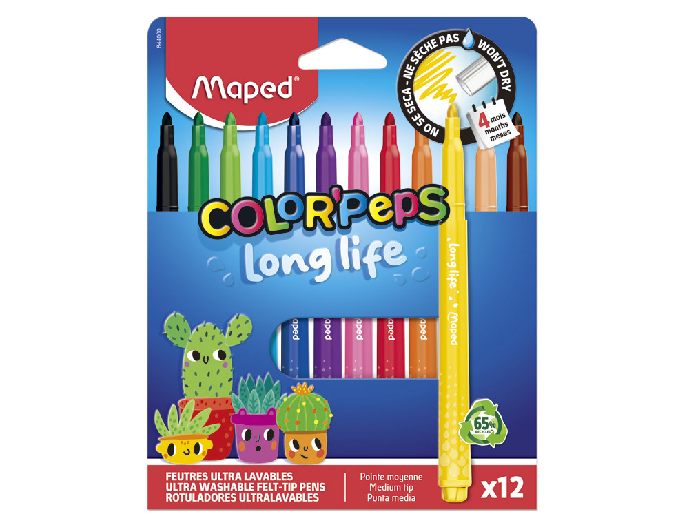Feutre coloriage maped color'peps long life pointe   moyenne encre ultra lavable   coloris assortis pochette 12