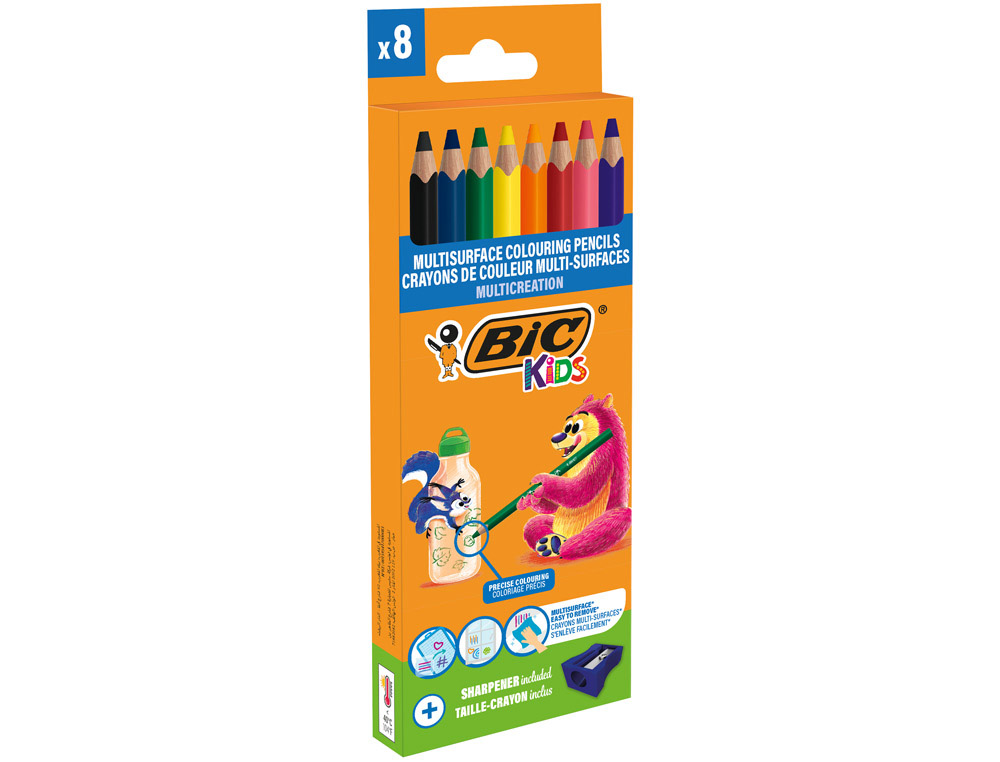 Crayon couleur bic kids multi-surfaces corps          triangulaire coloris vifs     assortis etui 8 unites +