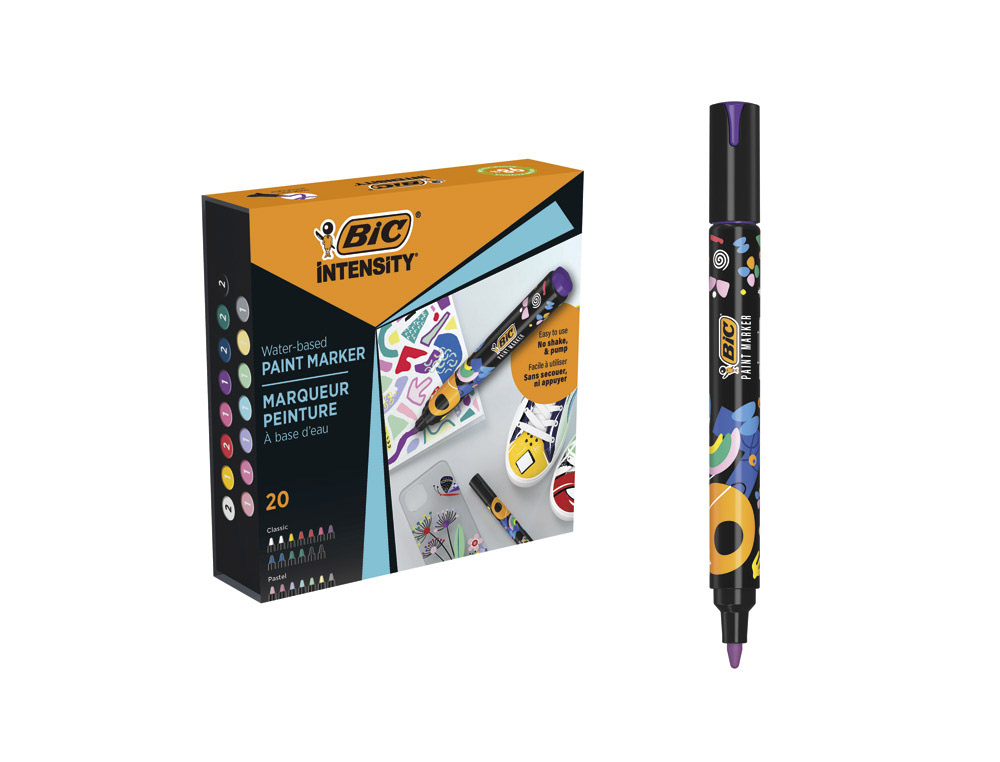 Marqueur peinture bic intensity pointe ogive        moyenne coloris assortis      boite 20 unites